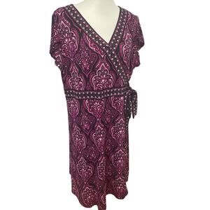 Apt 9 Womens 1X Short Sleeve Purple Faux Wrap Belted Floral Midi Sheath Dress